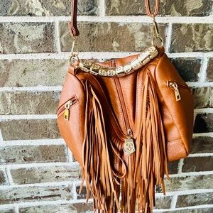 Fringed Tan Faux  Leather Bag